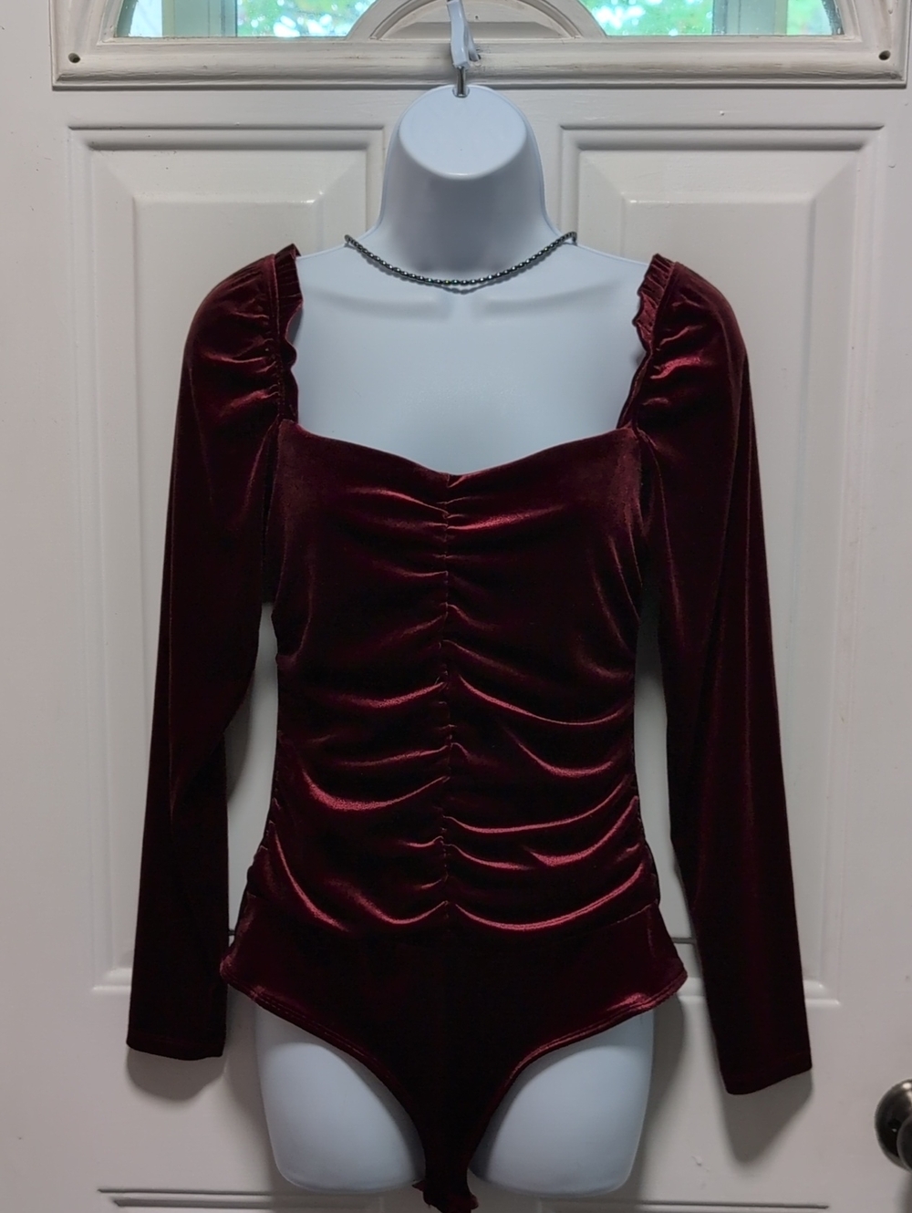 Shinestar Burgundy Velvet Ruched Long-Sleeve Bodysuit